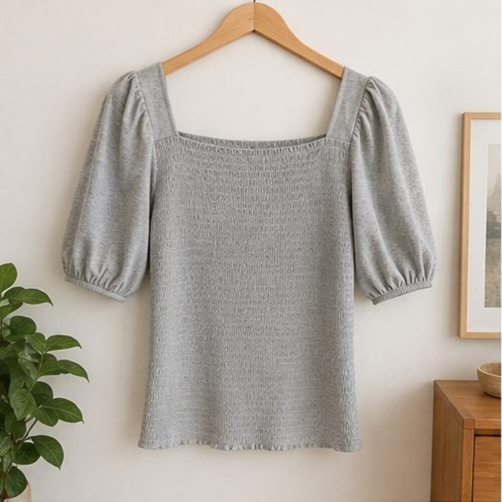 Gray Smocked Puff Sleeve Top